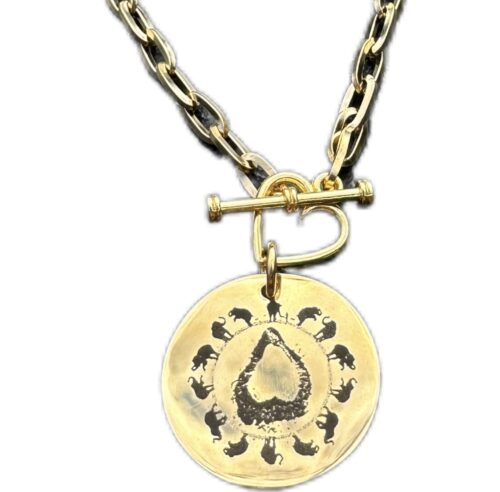 Circle of Elephants Double Sided Pendant Foot Print on the Front Kiss on the back, with Heart Toggle Clasp