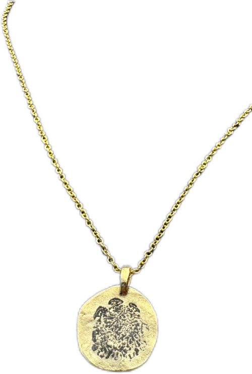 Double Sided Pendant with Solo Foot Print and Kiss on Pounded Pewter Coin - Image 3