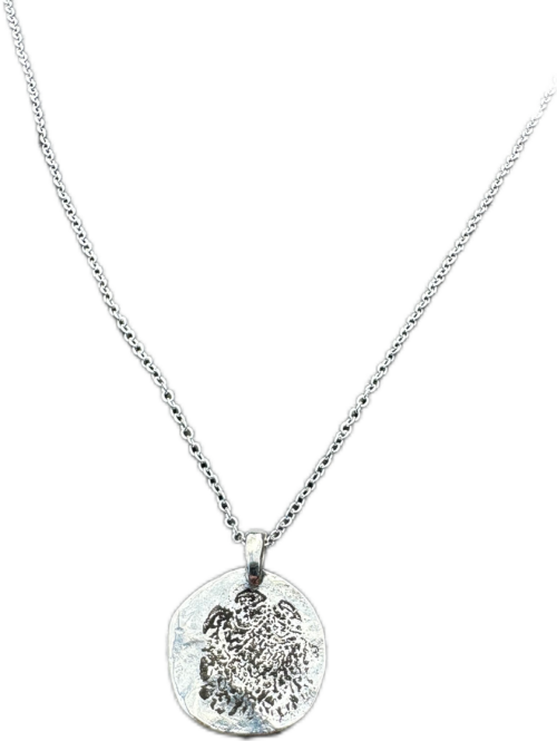 Double Sided Pendant with Solo Foot Print and Kiss on Pounded Pewter Coin - Image 2